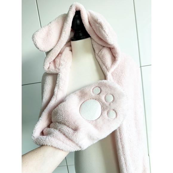 Pink Bunny Fuzzy Hat Hood Beanie With Hand Pockets From Japan
